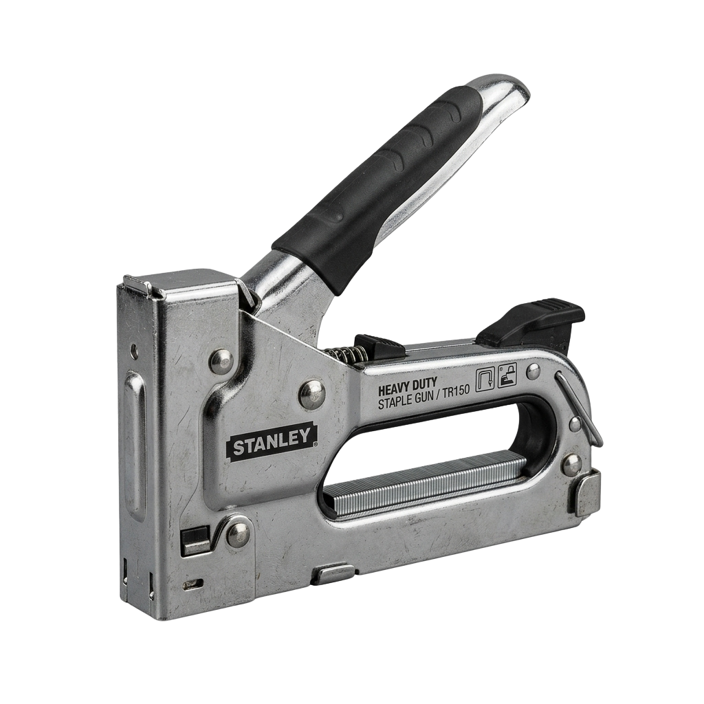 Heavy duty staple gun with black handle and metal body, labeled Heavy Duty Staple Gun