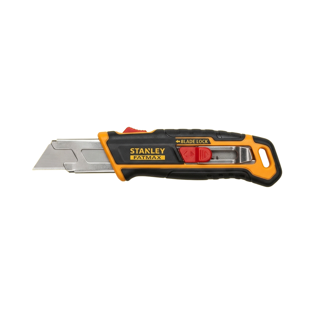 Orange and black utility box cutter with a blade lock mechanism and extended blade
