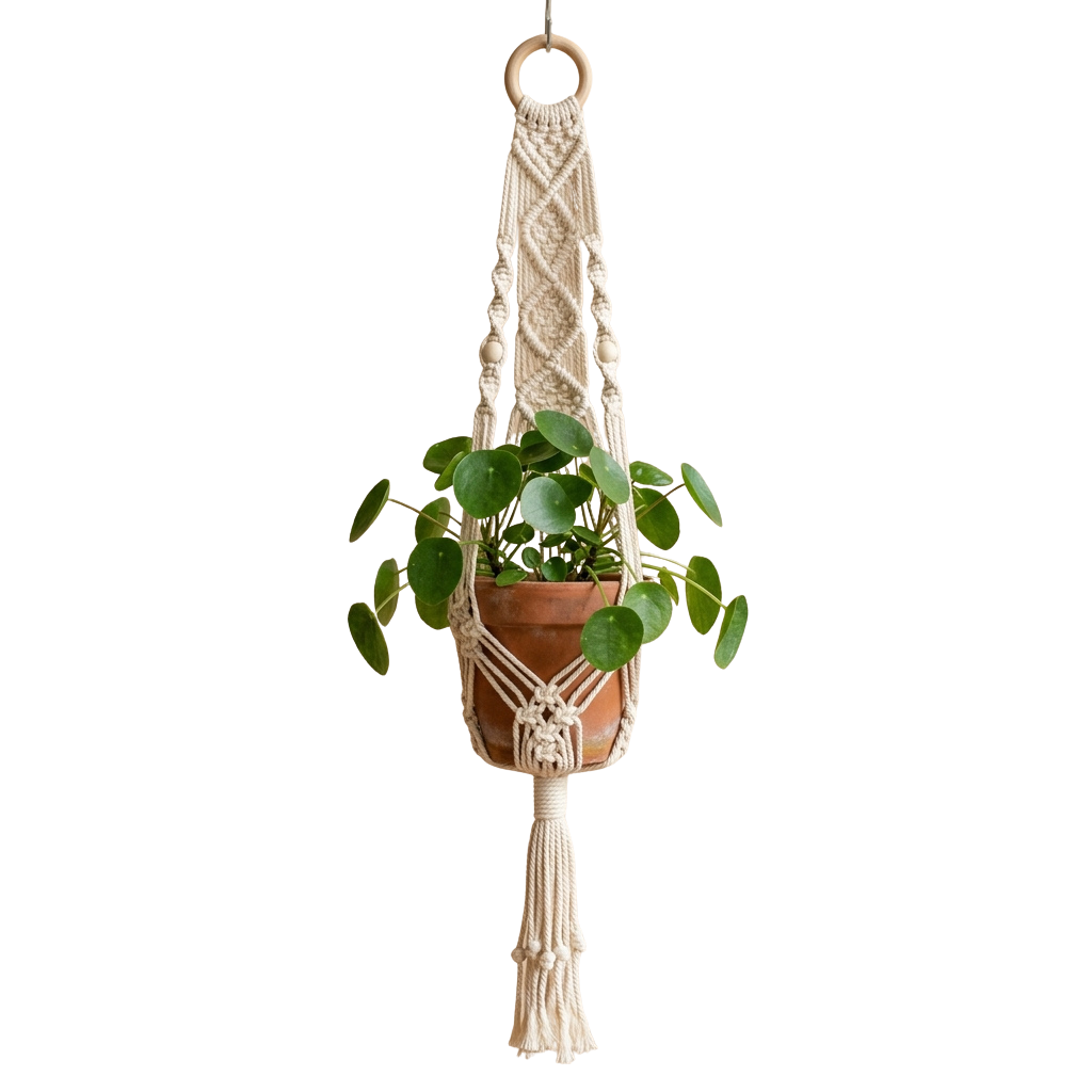 Macrame hanging planter holding a potted green pothos plant against a black background