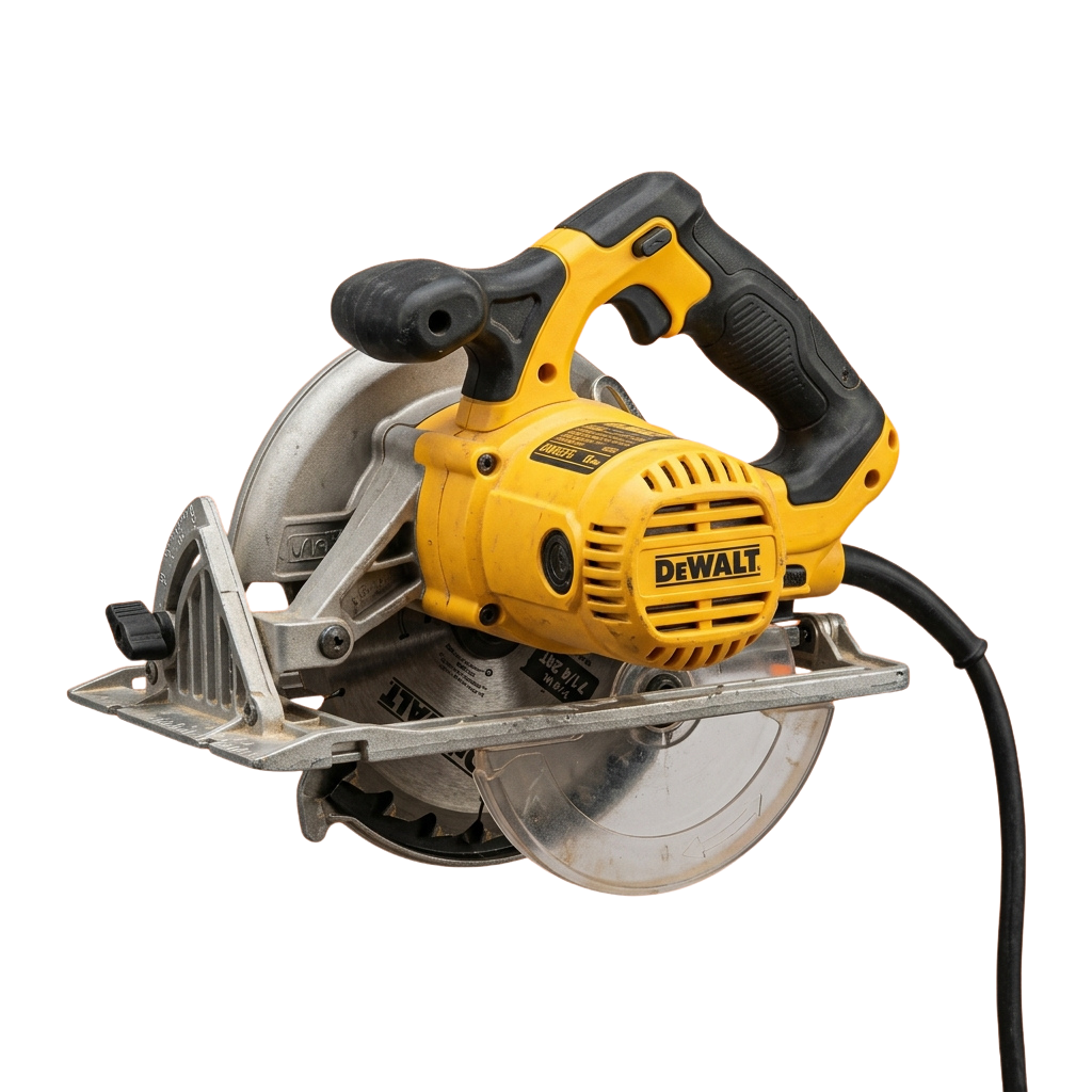 A yellow and black corded circular saw with a metal base and blade guard