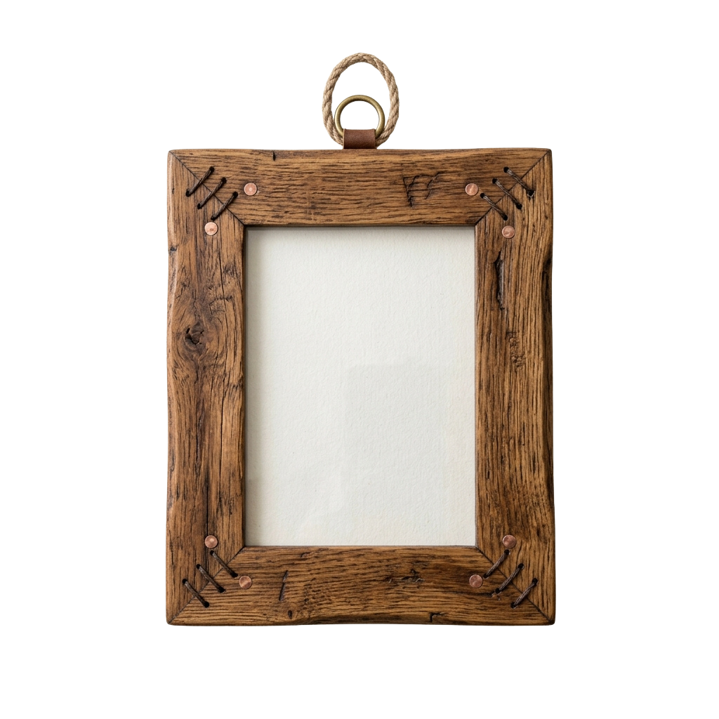 A wooden frame with a natural finish, secured with nails and a rope hanger, ready for display.