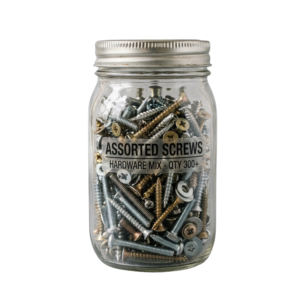A glass jar filled with a variety of assorted screws and bolts labeled assorted screws hardware mix