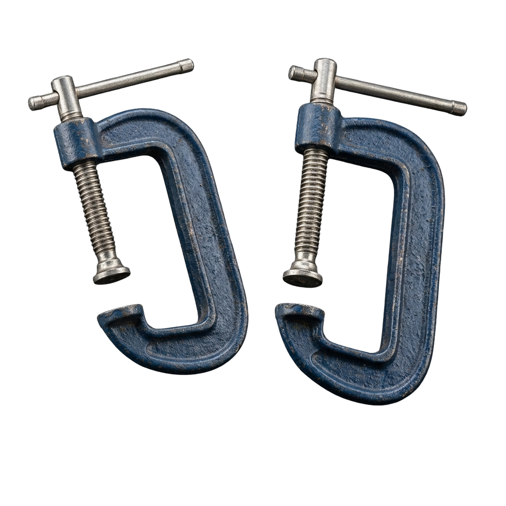 Two blue C-clamps with threaded screws and handles against a black background