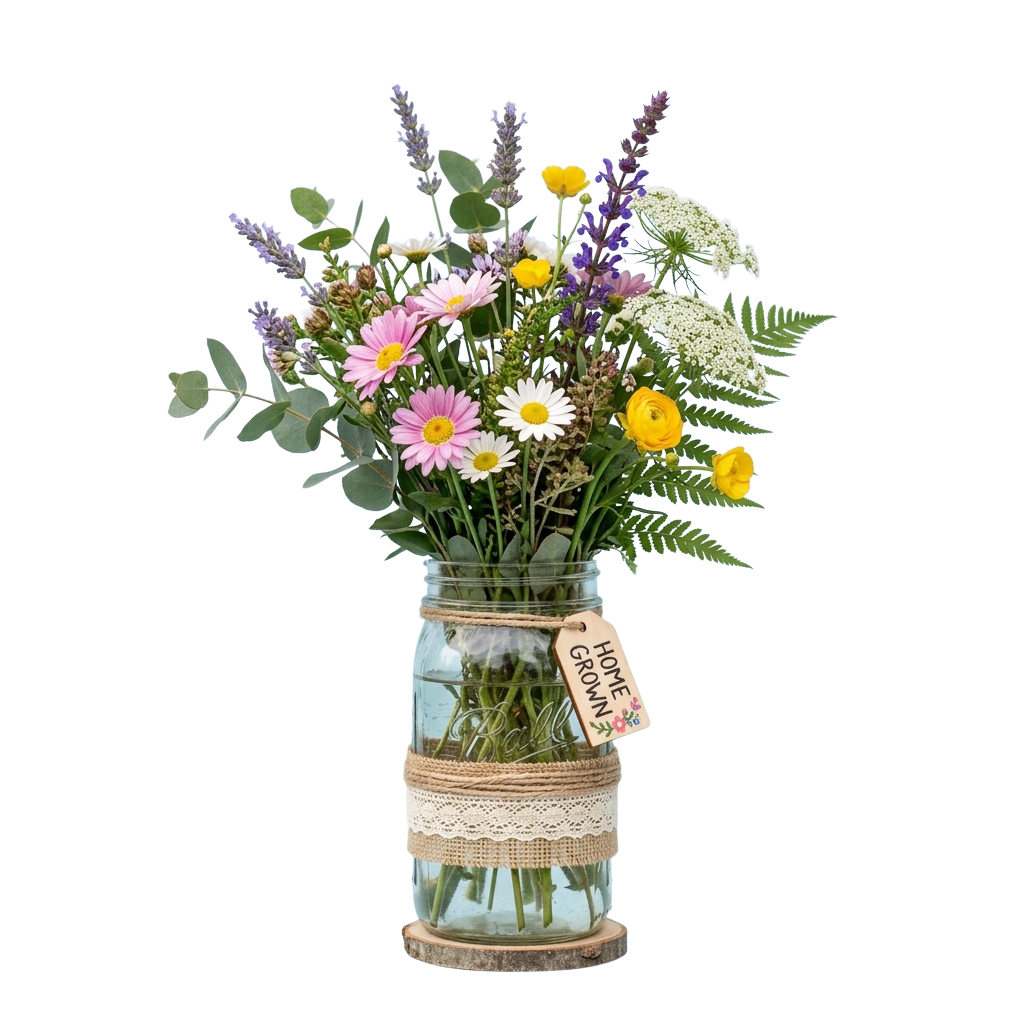 Mason jar filled with a colorful wildflower bouquet wrapped with twine and lace, placed on a wooden base