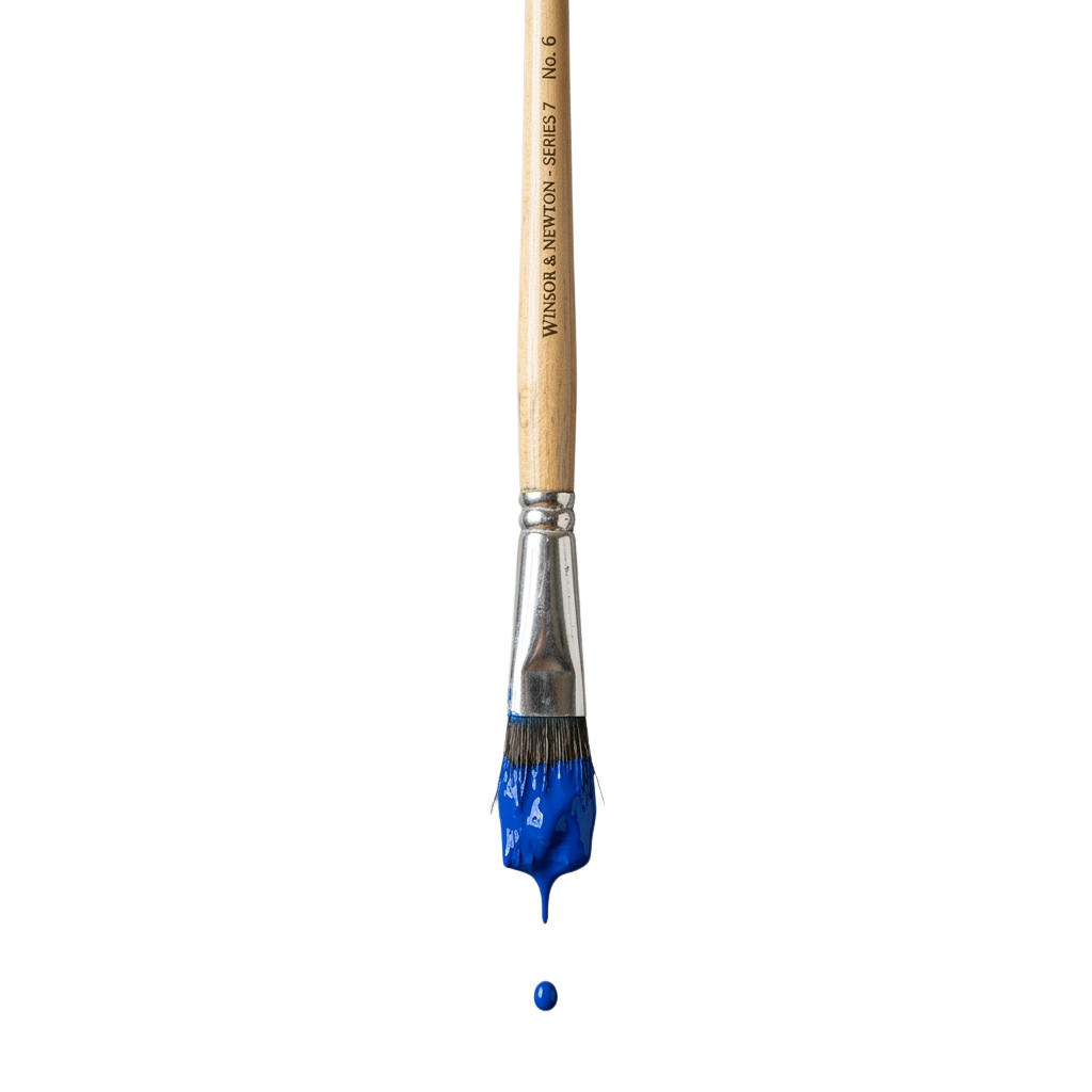 A paintbrush with blue paint dripping onto a dark background