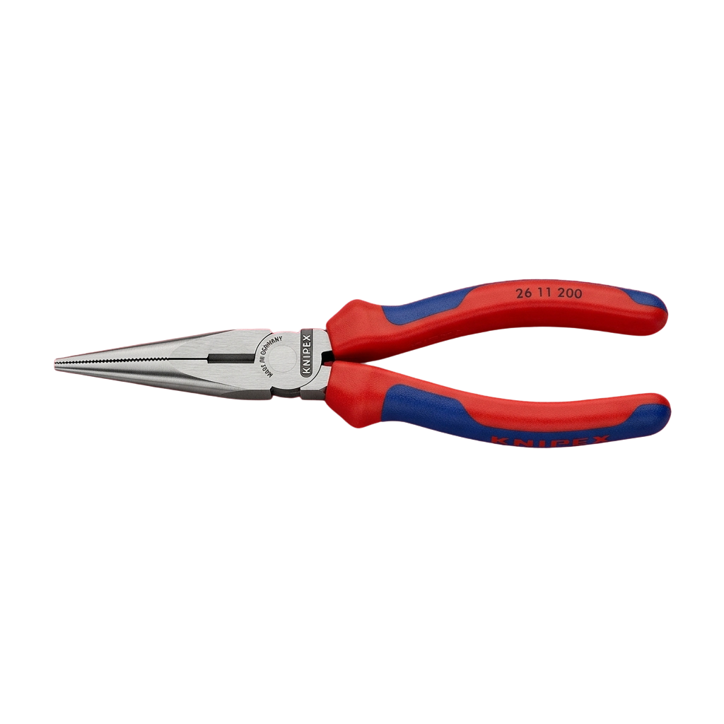 Diagonal cutting pliers with red and blue handles and sharp cutting edges.