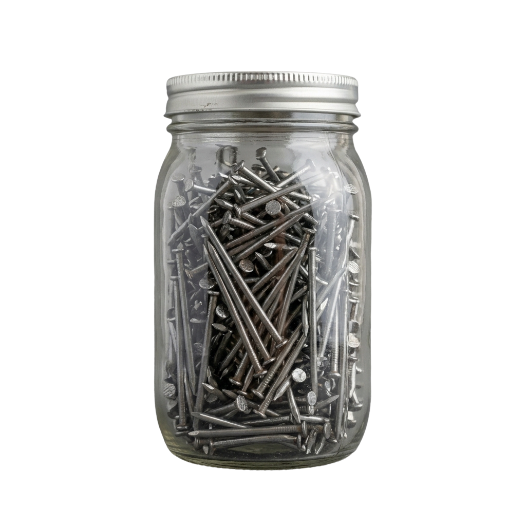 Clear glass jar with metal lid containing various screws and small metal fasteners