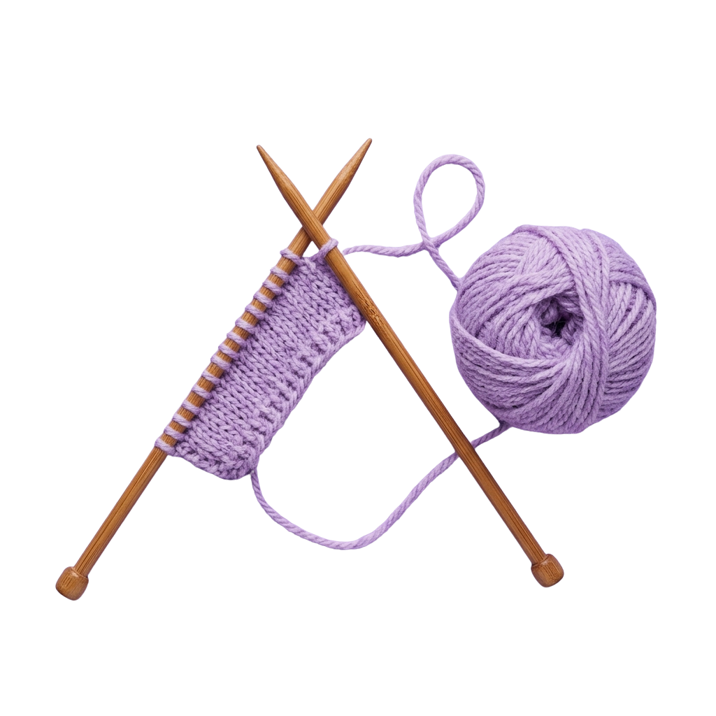Two wooden knitting needles crossed with purple knitted fabric and a ball of purple yarn.