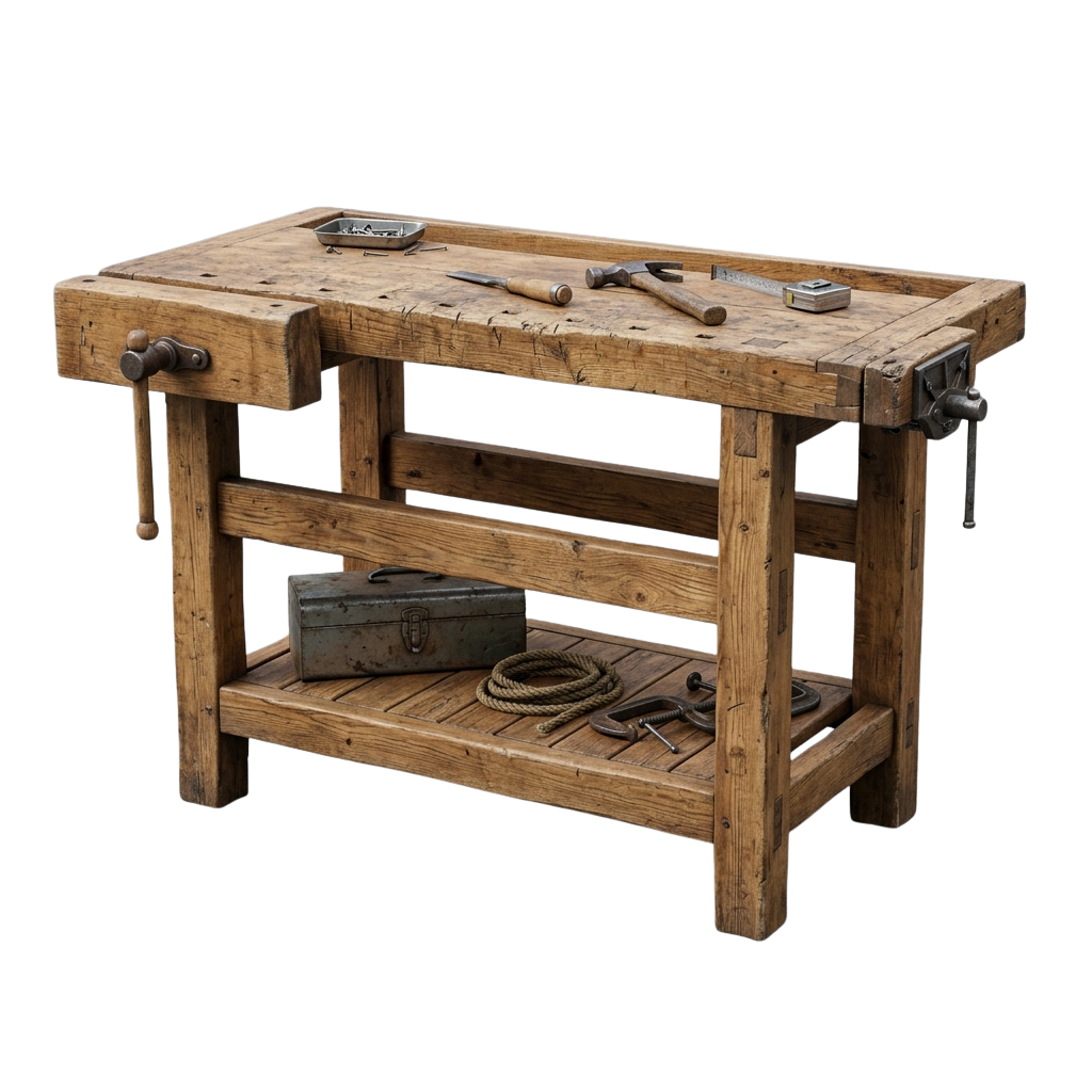 A rustic wooden workbench with tools and a shelf holding a toolbox and rope