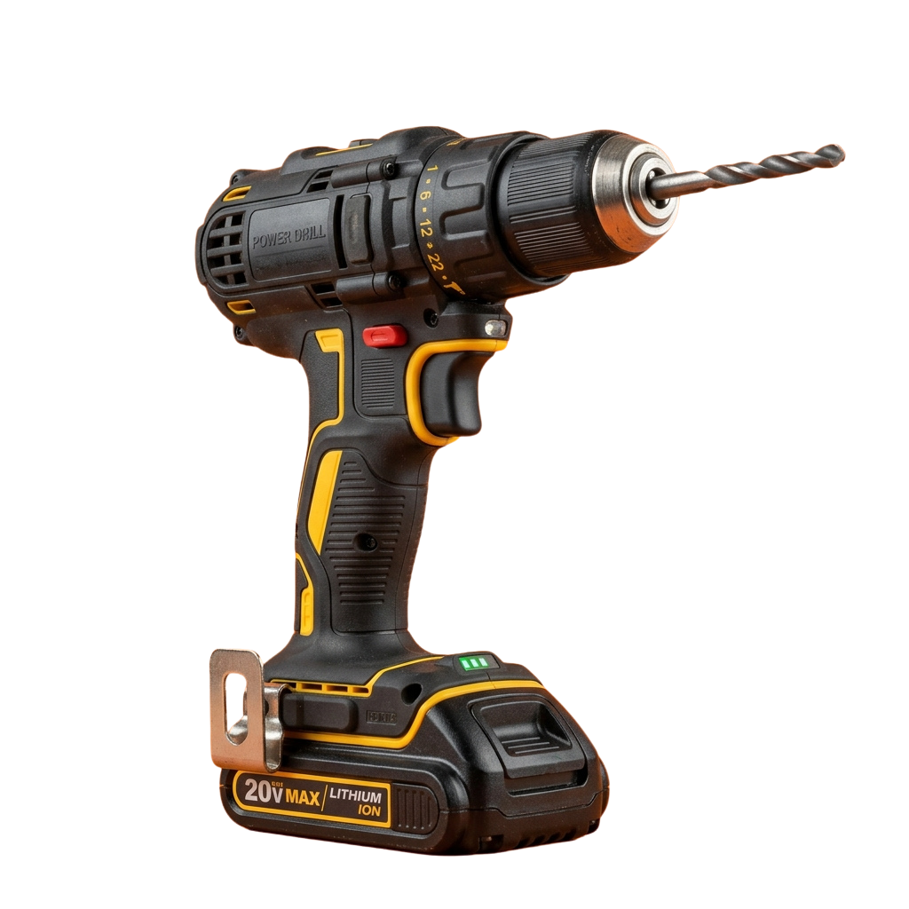 Black and yellow cordless power drill with a drill bit attached, showing 20V Max Lithium Ion battery compartment