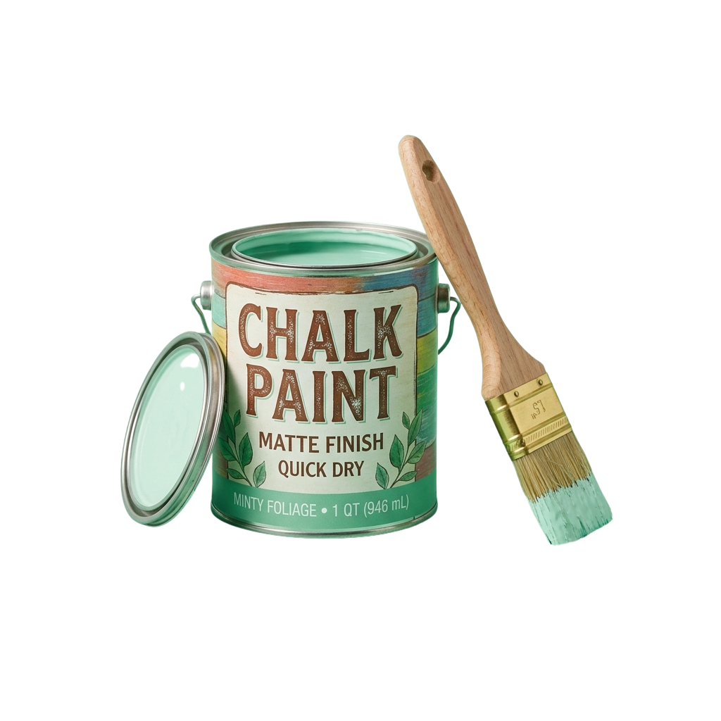 Can of minty green chalk paint with matte finish, quick dry label, open lid, and paintbrush