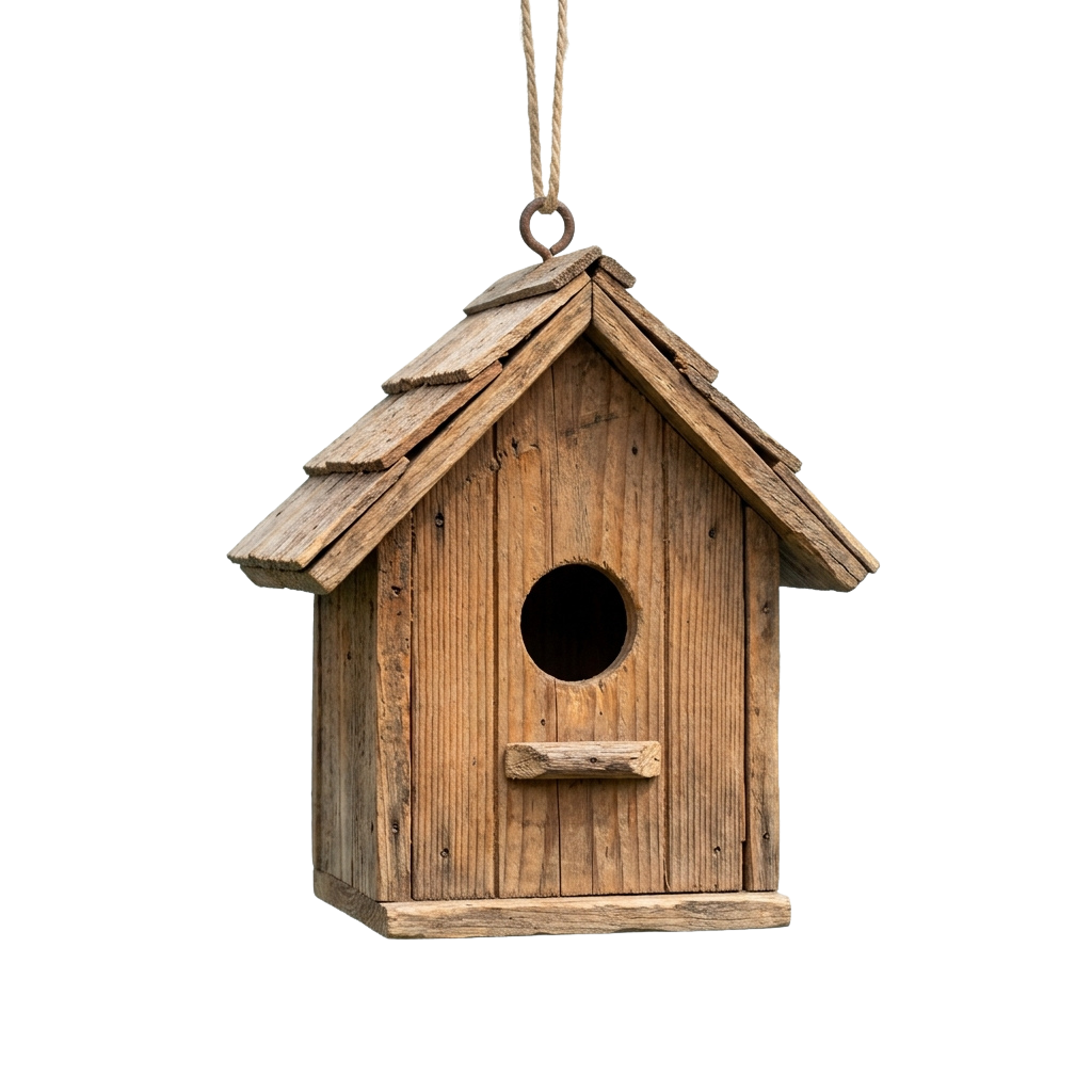 A wooden birdhouse hanging from a rope against a dark background