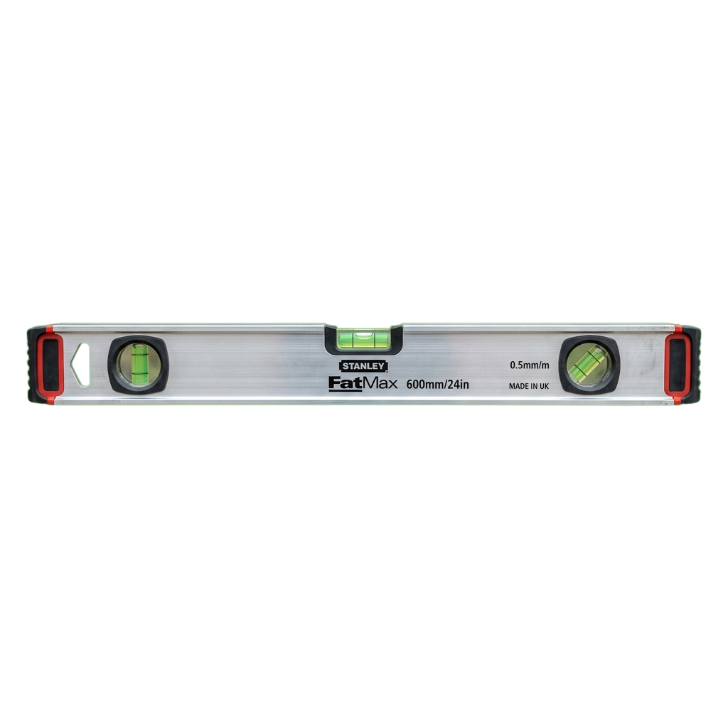 A 600mm spirit level with two vials for checking horizontal and vertical alignment, red and green handles, and 0.5mm per meter precision markings.