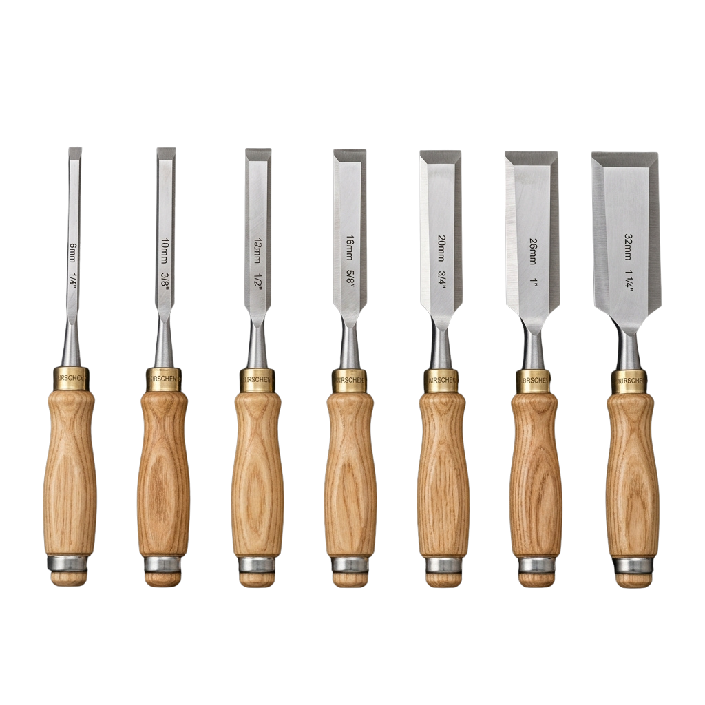Seven wood carving gouges with wooden handles and metal blades of different widths displayed side by side
