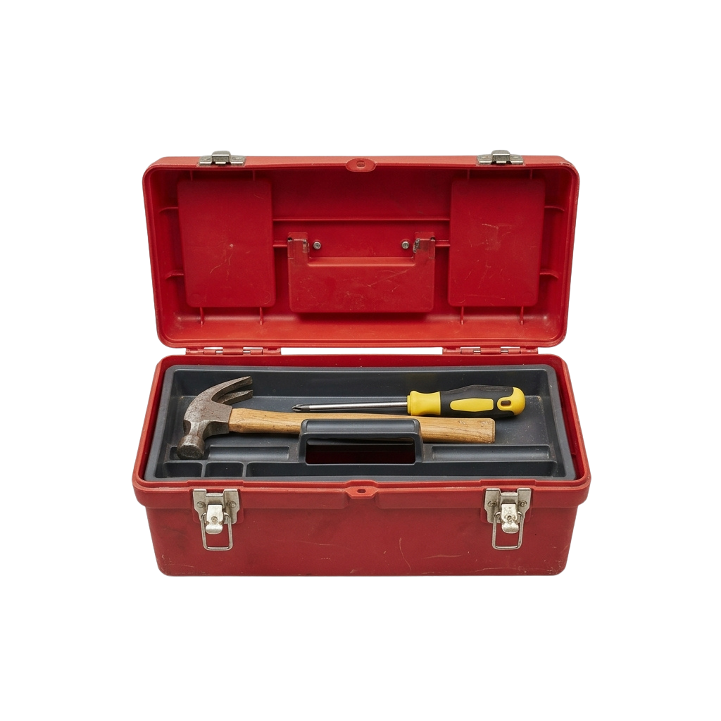 Open red toolbox containing a hammer, screwdriver, and nails in compartments