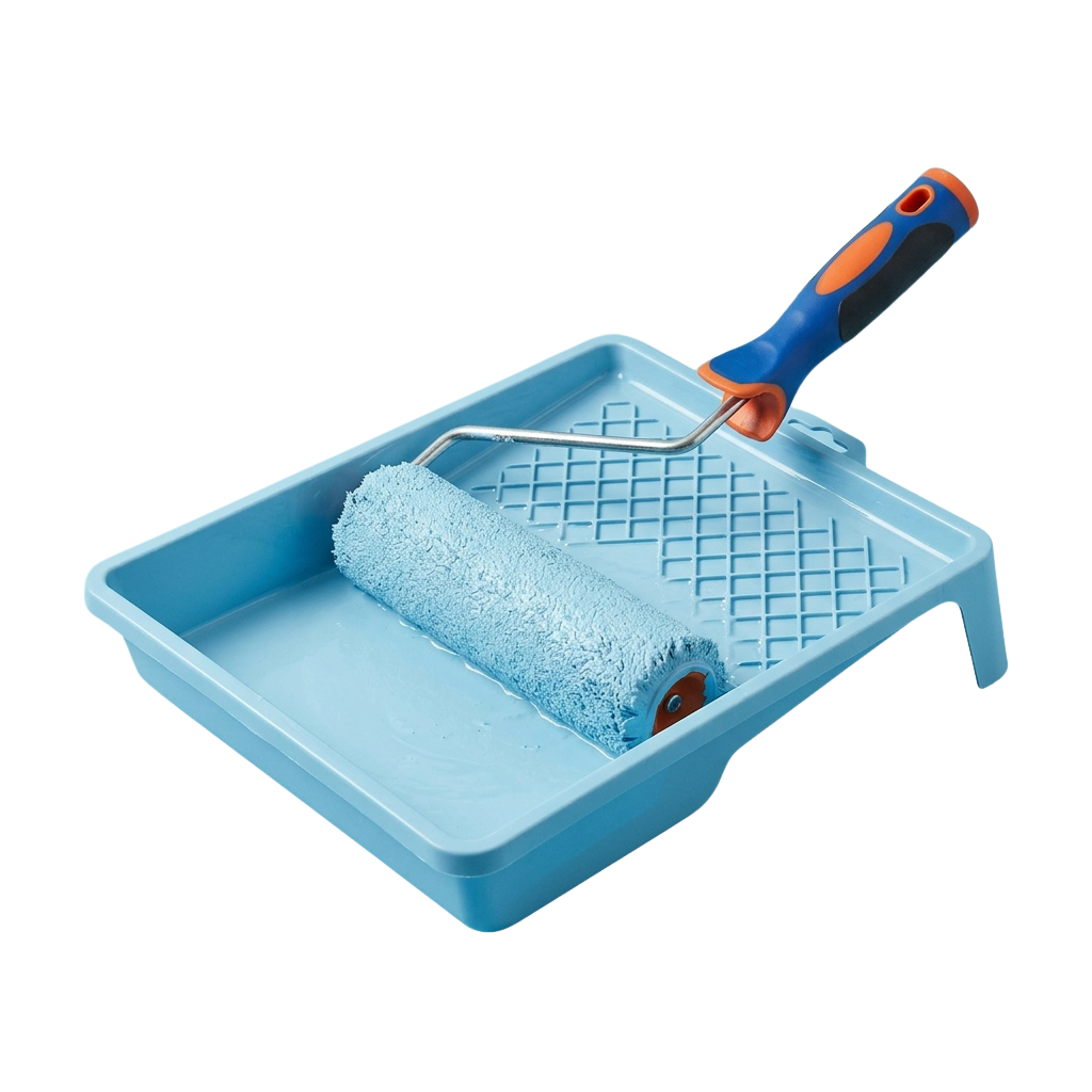 A light blue plastic paint roller tray with a roller and orange-blue handle
