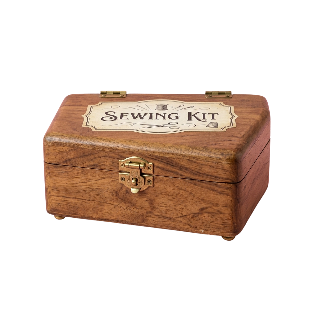 A wooden sewing kit box with brass hinges and a decorative label reading Sewing Kit