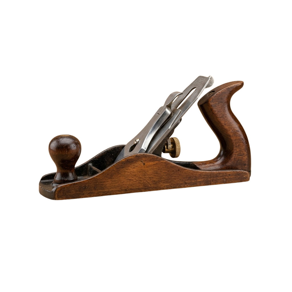 A vintage wooden hand plane with a metal blade and wooden handle.