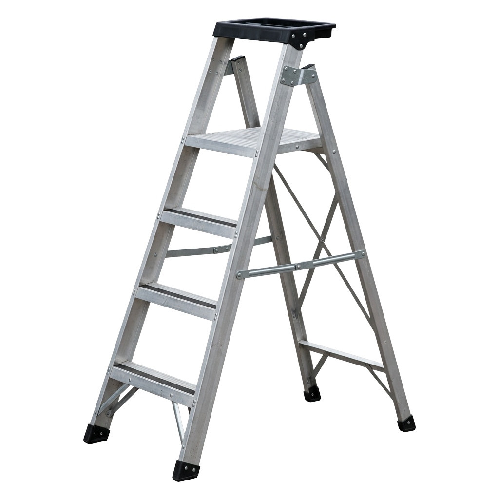A gray aluminum folding step ladder with four steps and a small platform at the top.