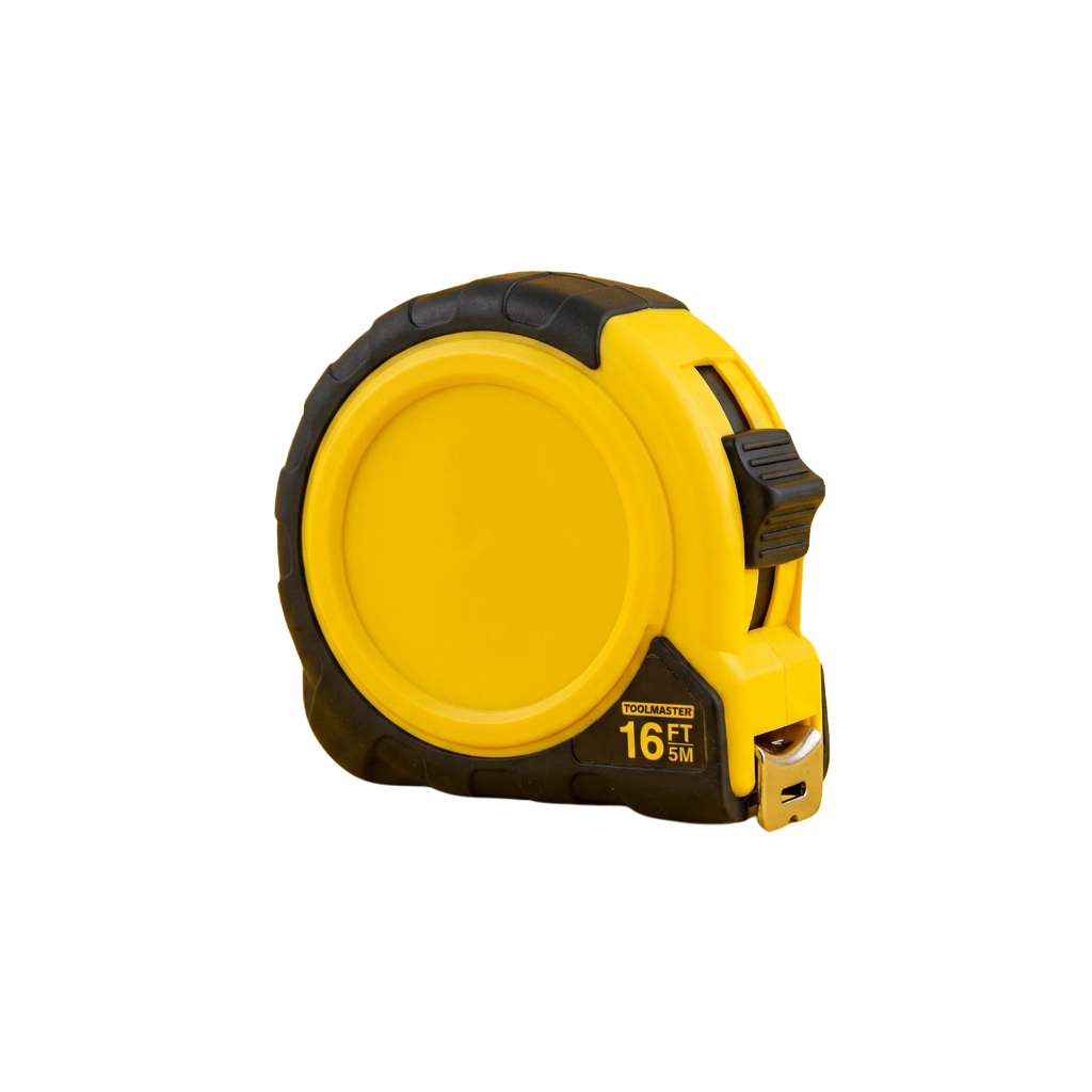 A yellow retractable measuring tape with black accents and a 16-foot length indicator