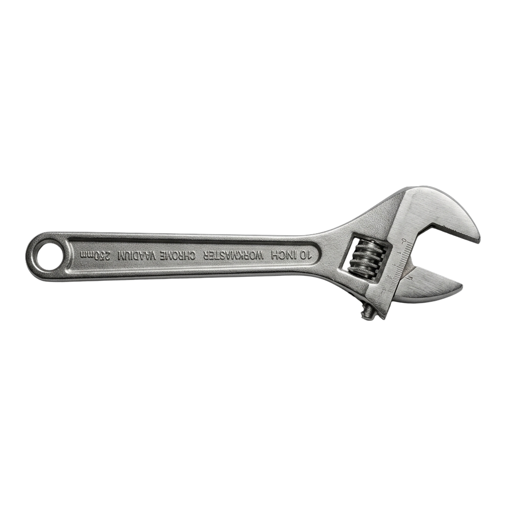 A 10-inch chrome vanadium adjustable wrench with a textured grip and open jaw