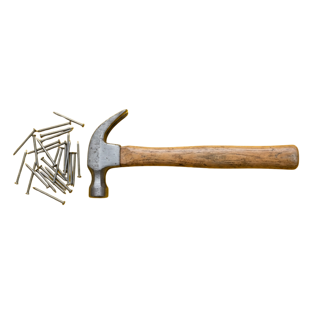A hammer with a wooden handle and metal head next to a pile of nails against a black background
