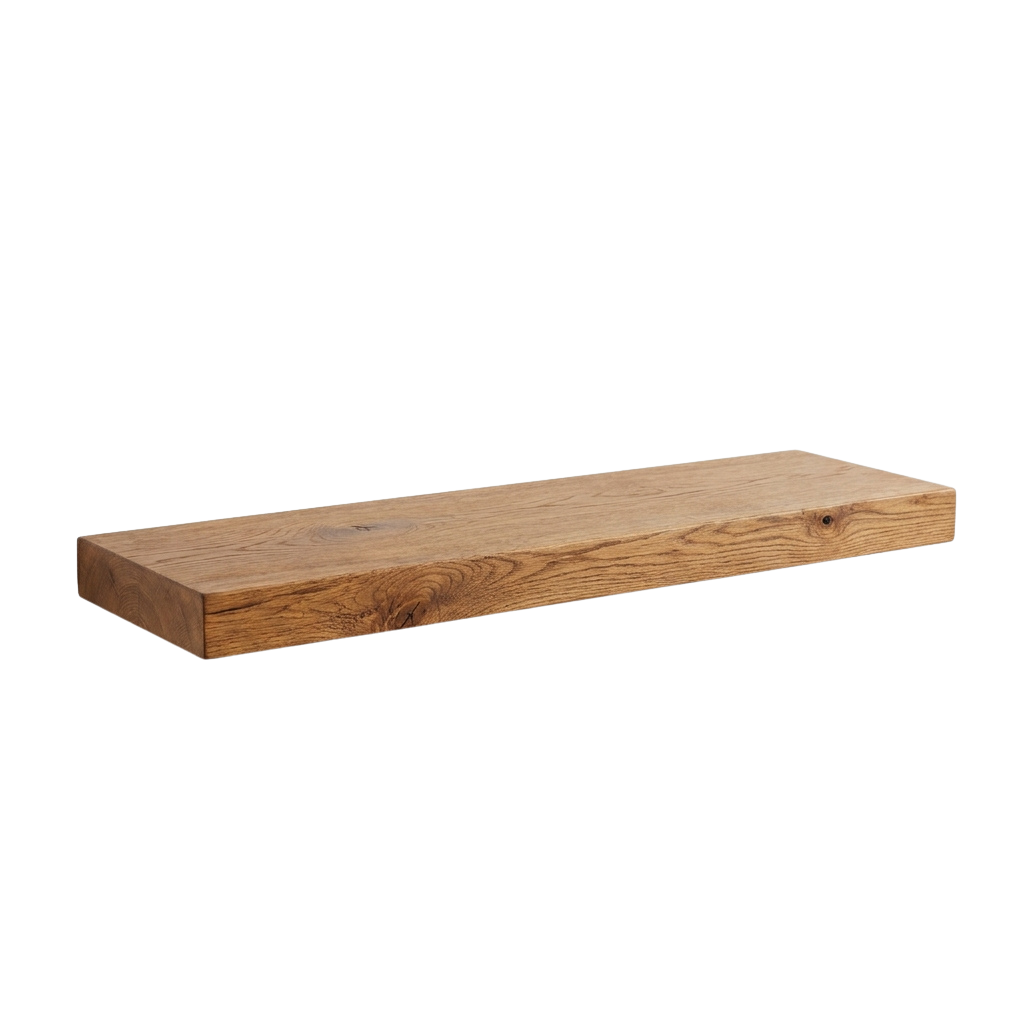 A rectangular wooden shelf with a natural finish and visible wood grain texture