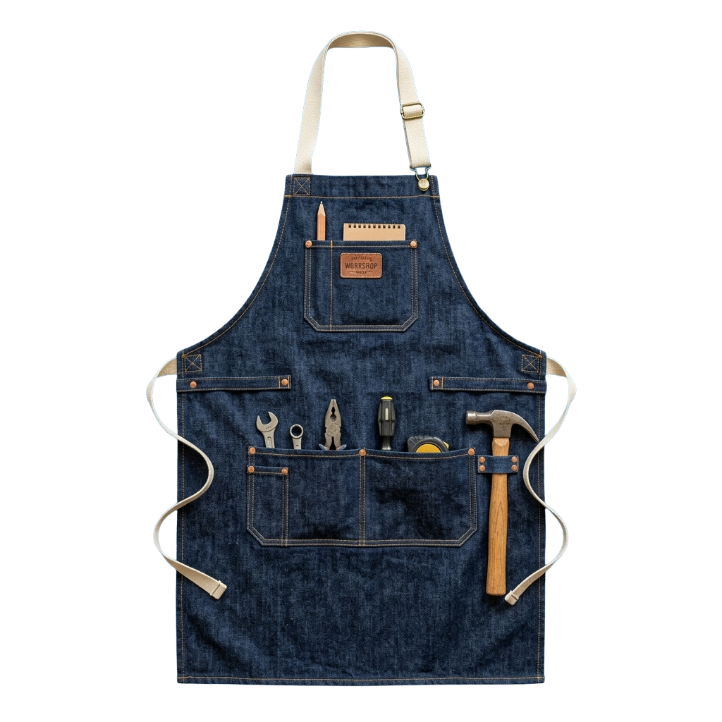 Blue denim apron with multiple pockets holding tools and a hammer hanging on the side