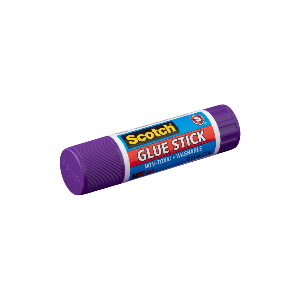 Purple glue stick labeled as non-toxic and washable, lying horizontally on a dark background