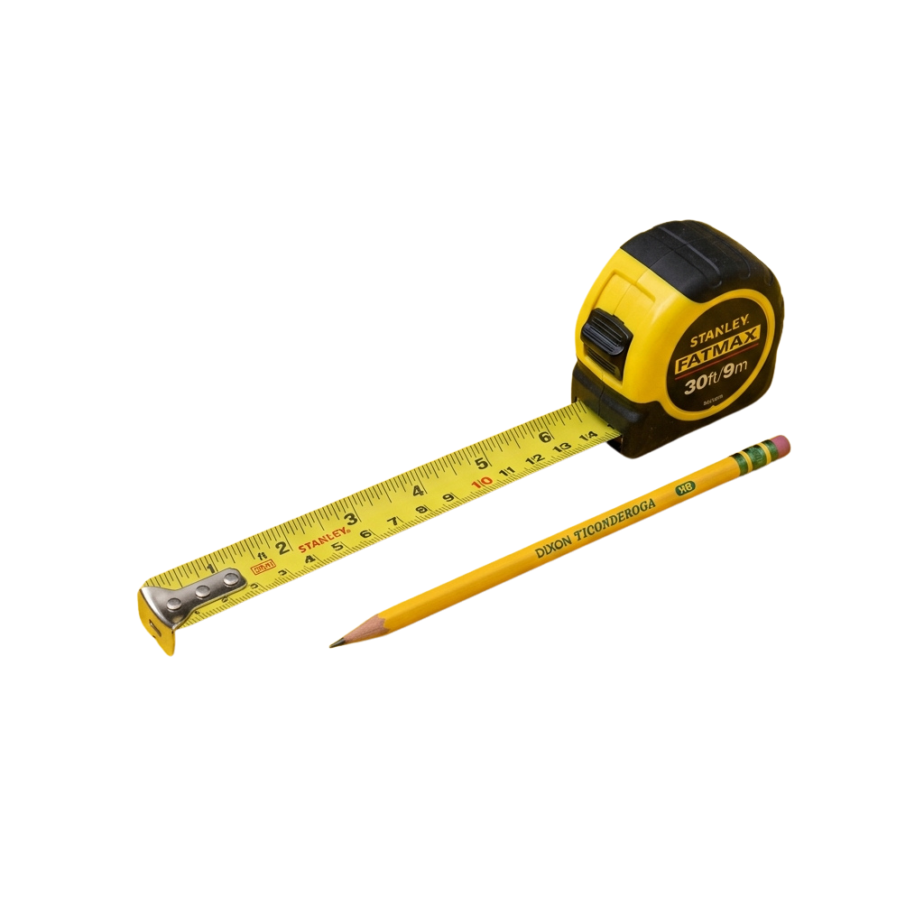 A yellow tape measure with black markings and a yellow pencil placed diagonally on a black background