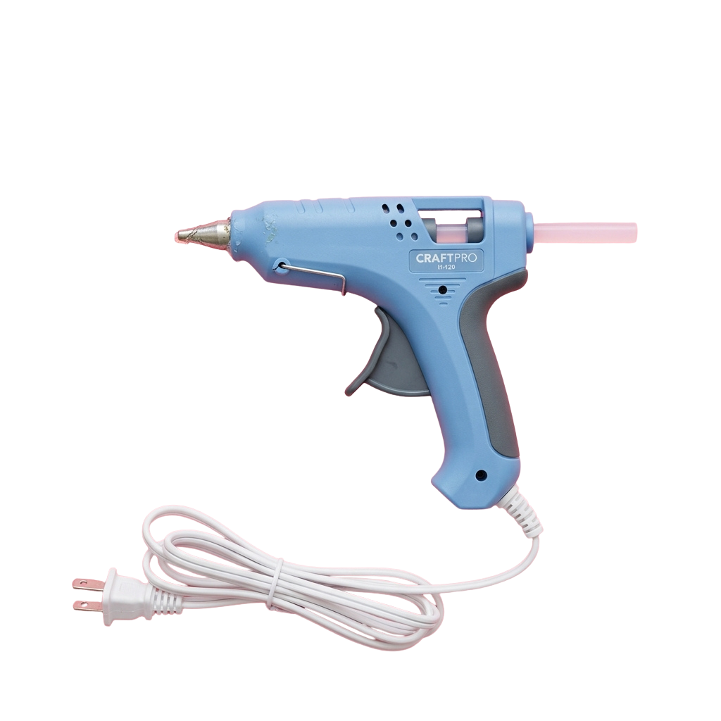 A blue electric glue gun connected to a power cord with a two-prong plug.
