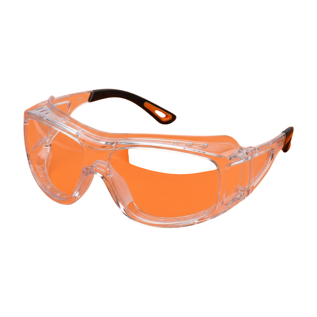 Orange protective goggles with clear lenses and adjustable black frame arms