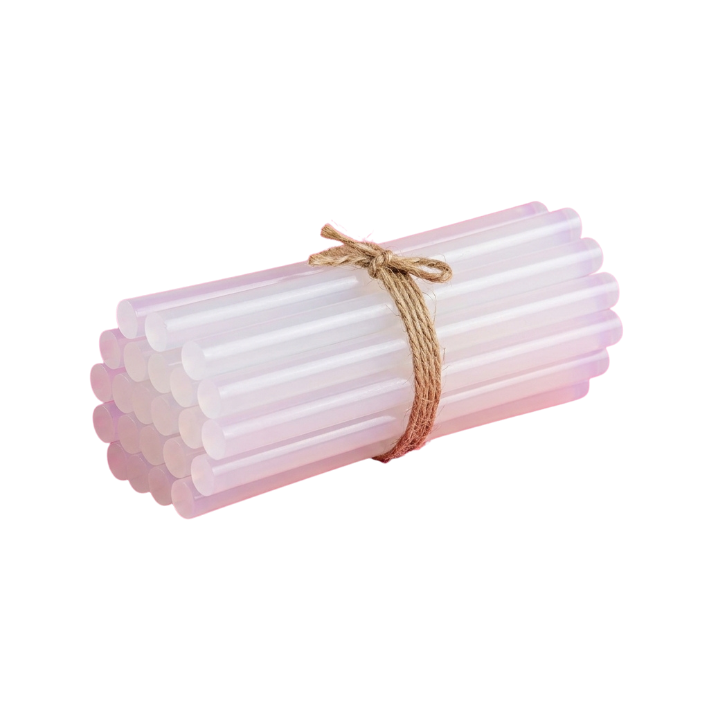 A bundle of pink transparent plastic straws tied together with twine.