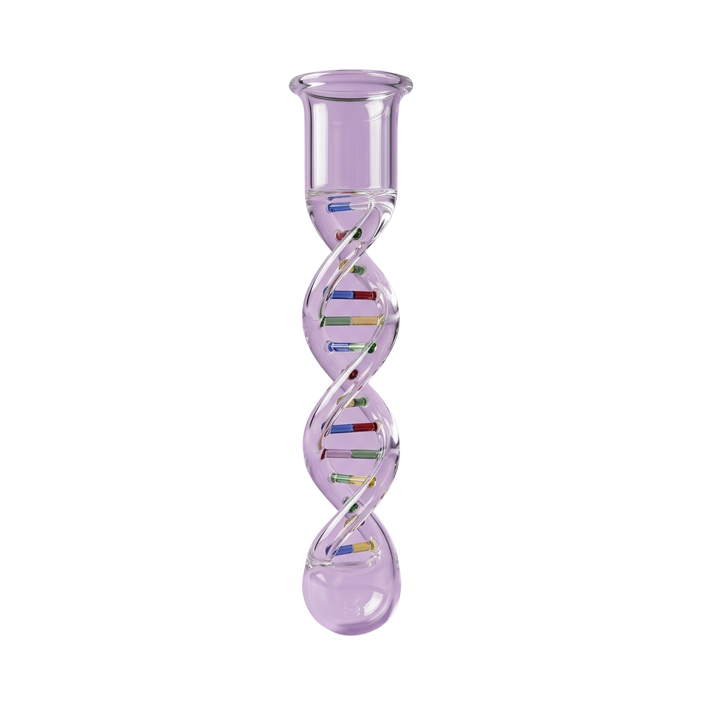 A glass model of a double helix DNA structure with colorful base pairs and a bulbous base.