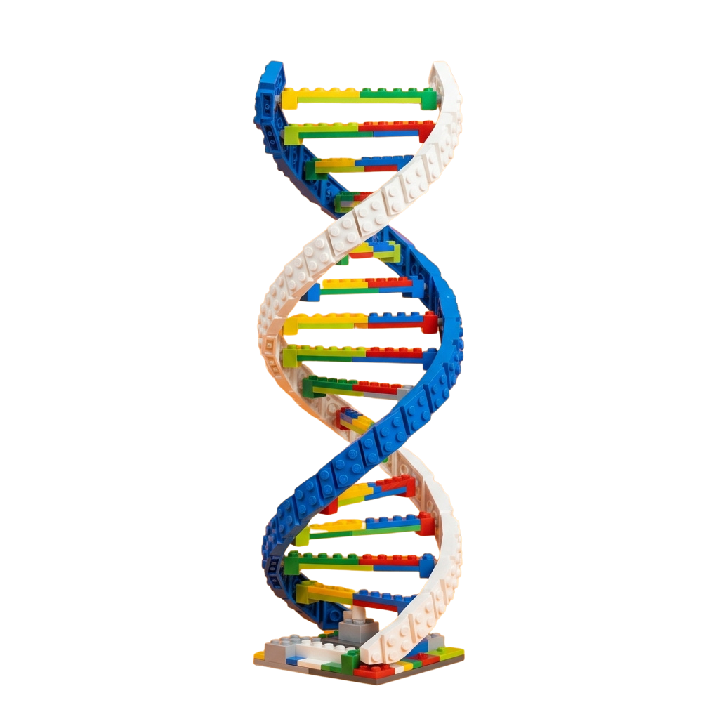 A colorful LEGO-style model of a double helix DNA structure with blue and white blocks