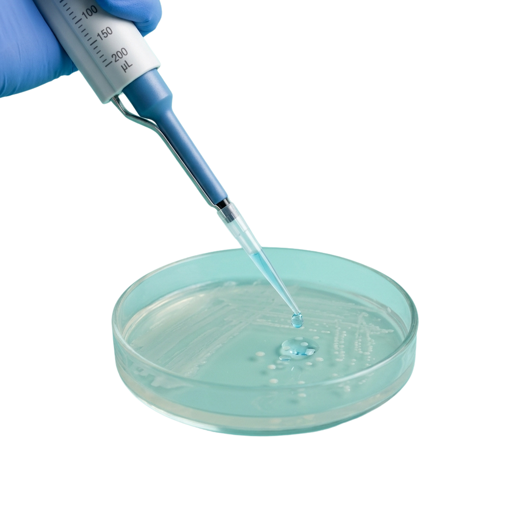 A pipette dispensing liquid into a sterile Petri dish in a laboratory setting