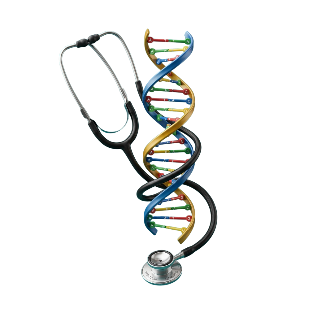 A stethoscope intertwined with a colorful DNA double helix structure against a black background