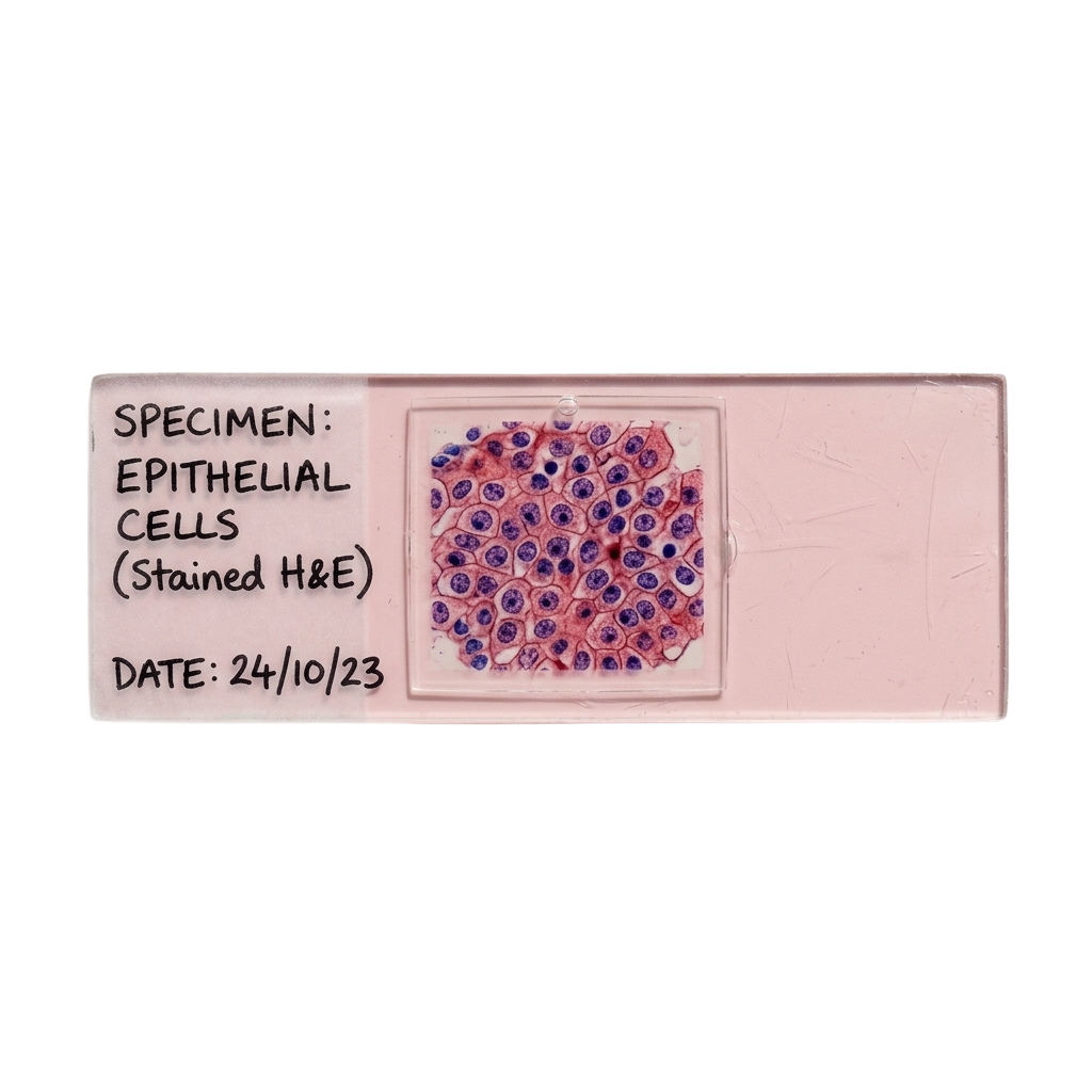 Microscope slide showing epithelial cells stained with hematoxylin and eosin (H&E), labeled specimen and dated 24/10/23