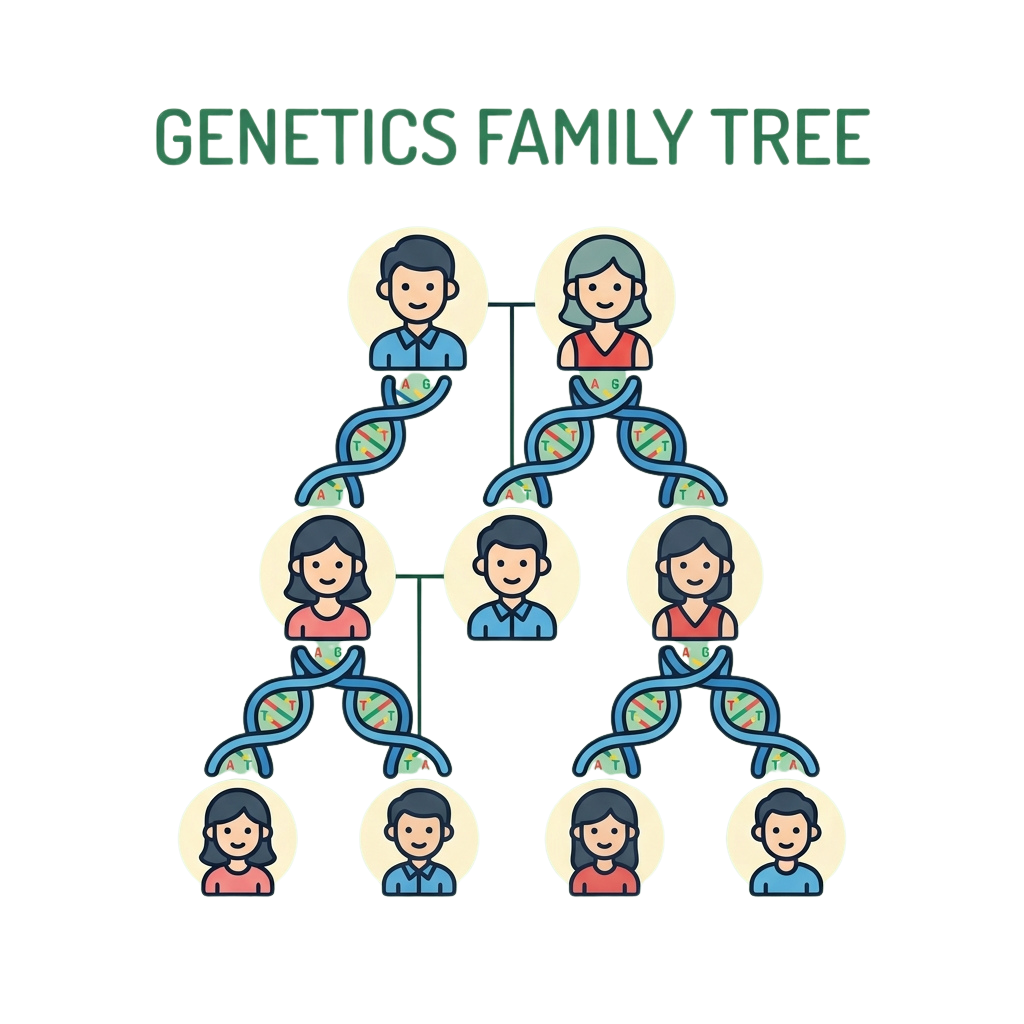 Illustration of a family tree showing parents, their children, and grandchildren connected by DNA helix symbols