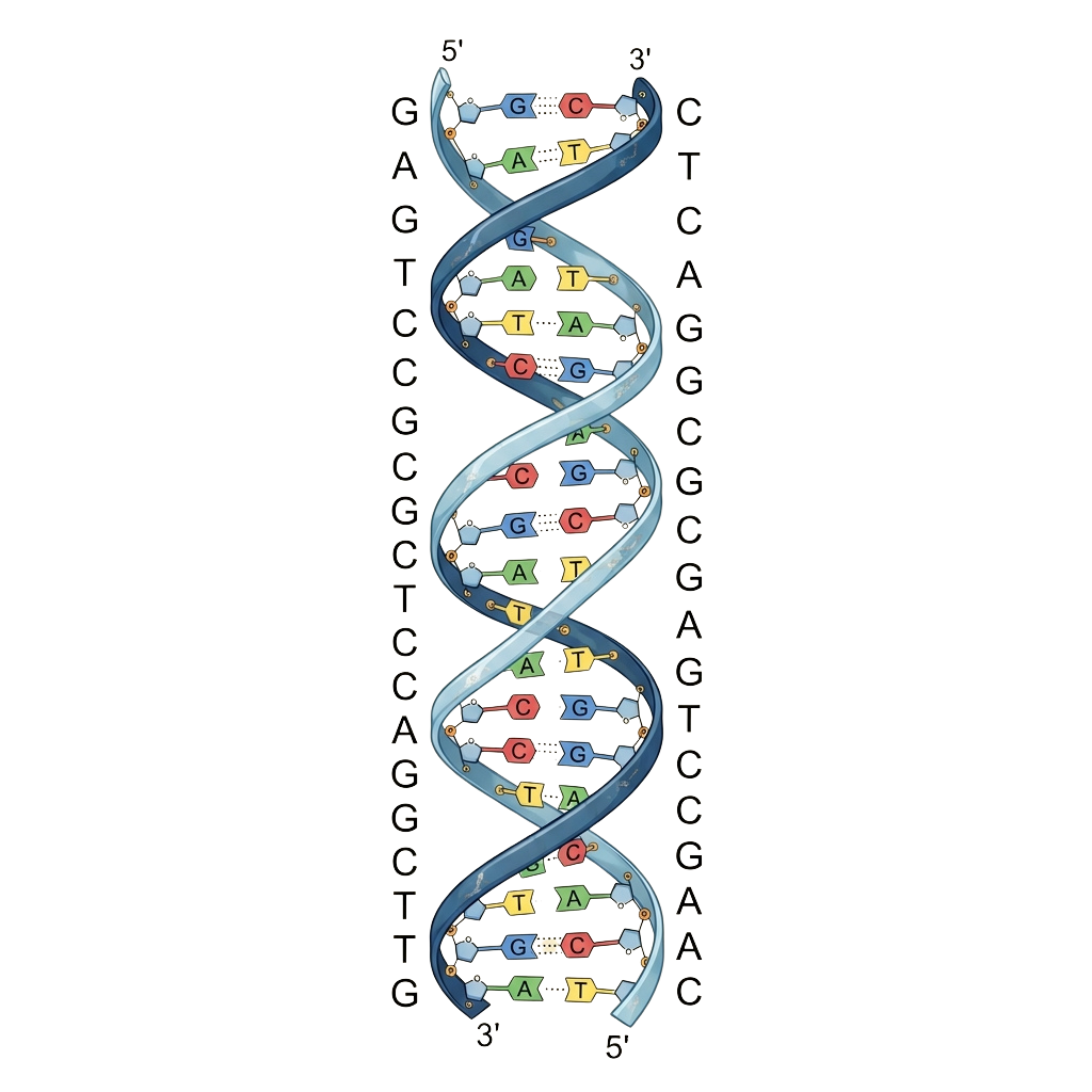Illustration of a DNA double helix showing paired nucleotide bases A-T and C-G