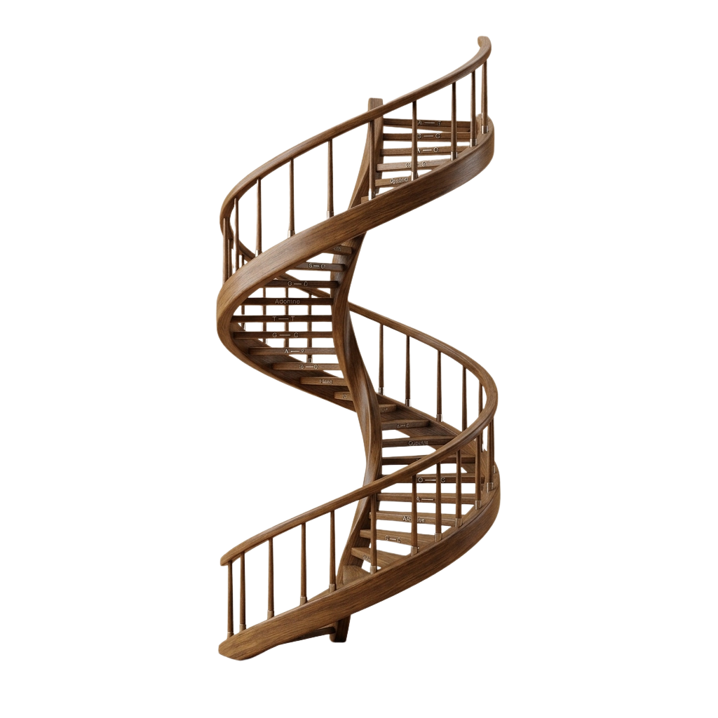 A sleek wooden spiral staircase with railings and treads against a dark background