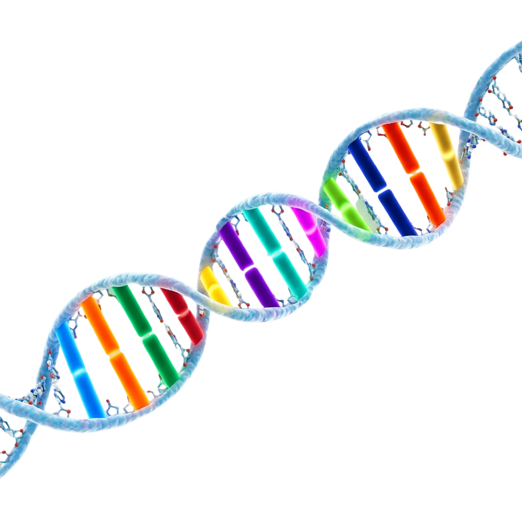 Illustration of a DNA double helix with colorful base pairs and sugar-phosphate backbone