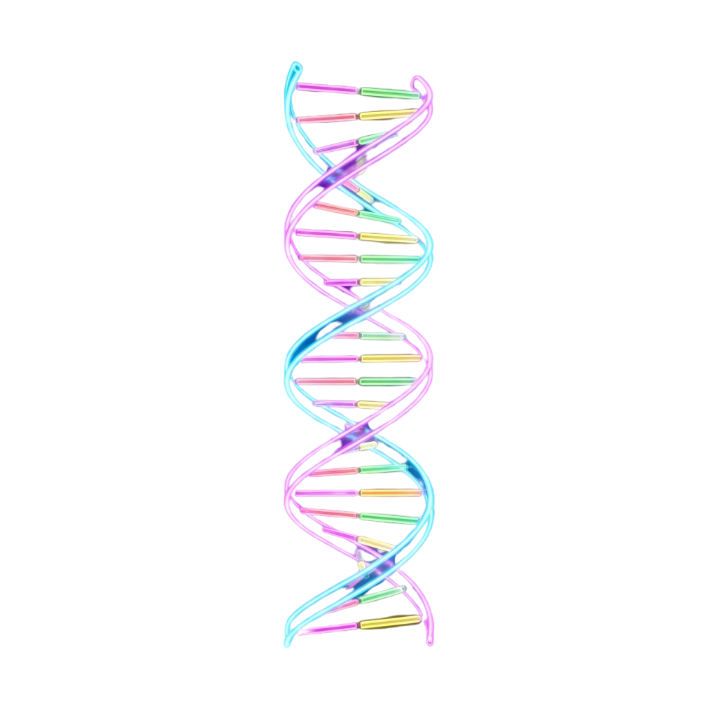A stylized, colorful double helix DNA strand against a black background