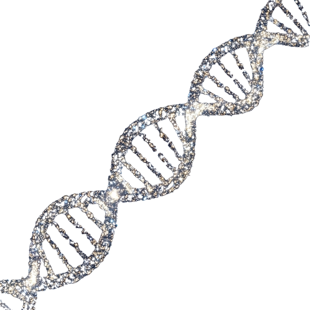 A sparkling double helix structure representing DNA against a black background