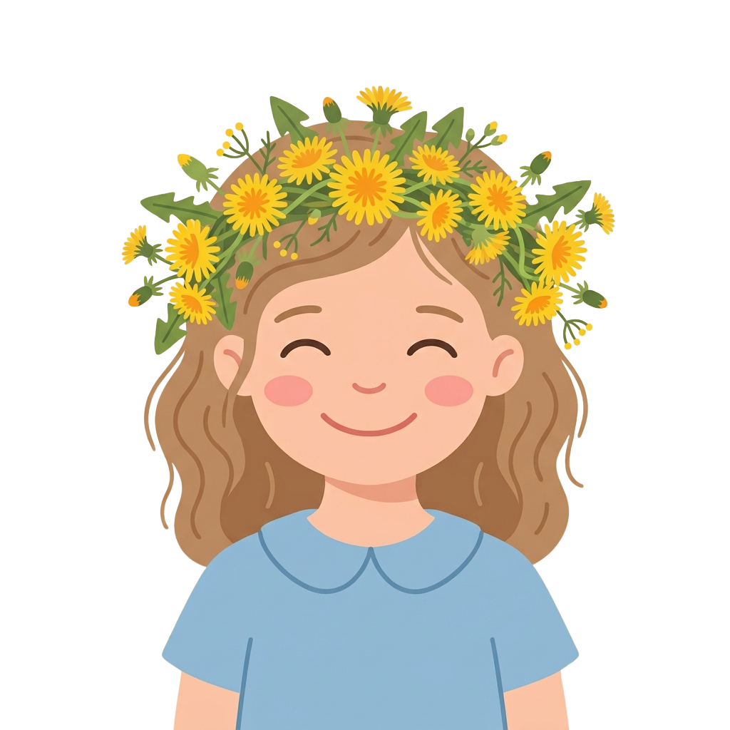 Smiling child with curly hair wearing a flower crown made of yellow dandelions