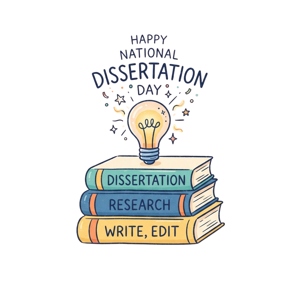 Illustration showing a lightbulb above three books labeled Dissertation, Research, Write Edit with Happy National Dissertation Day text