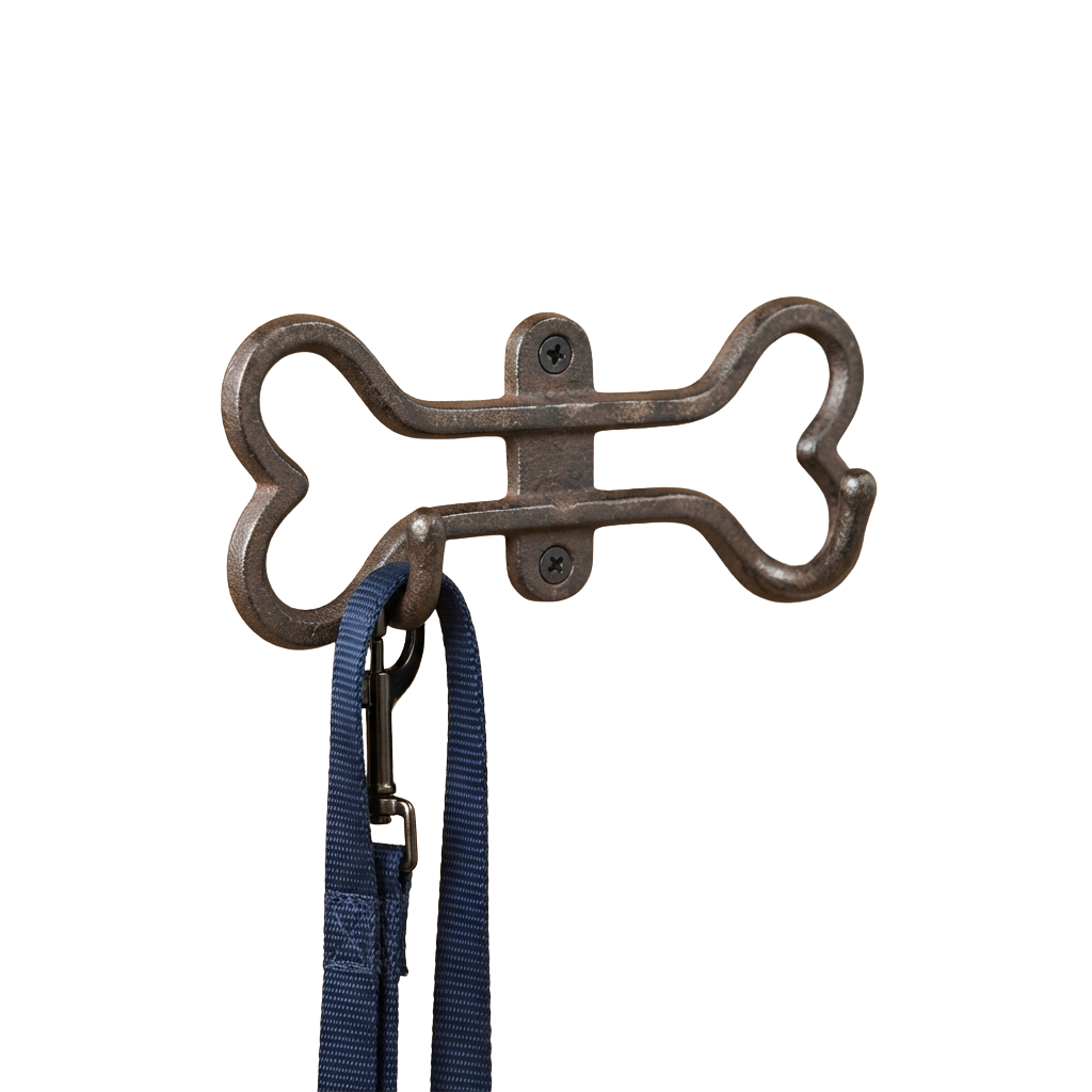 A metal dog bone shaped hook with a blue leash attached, mounted on a black background