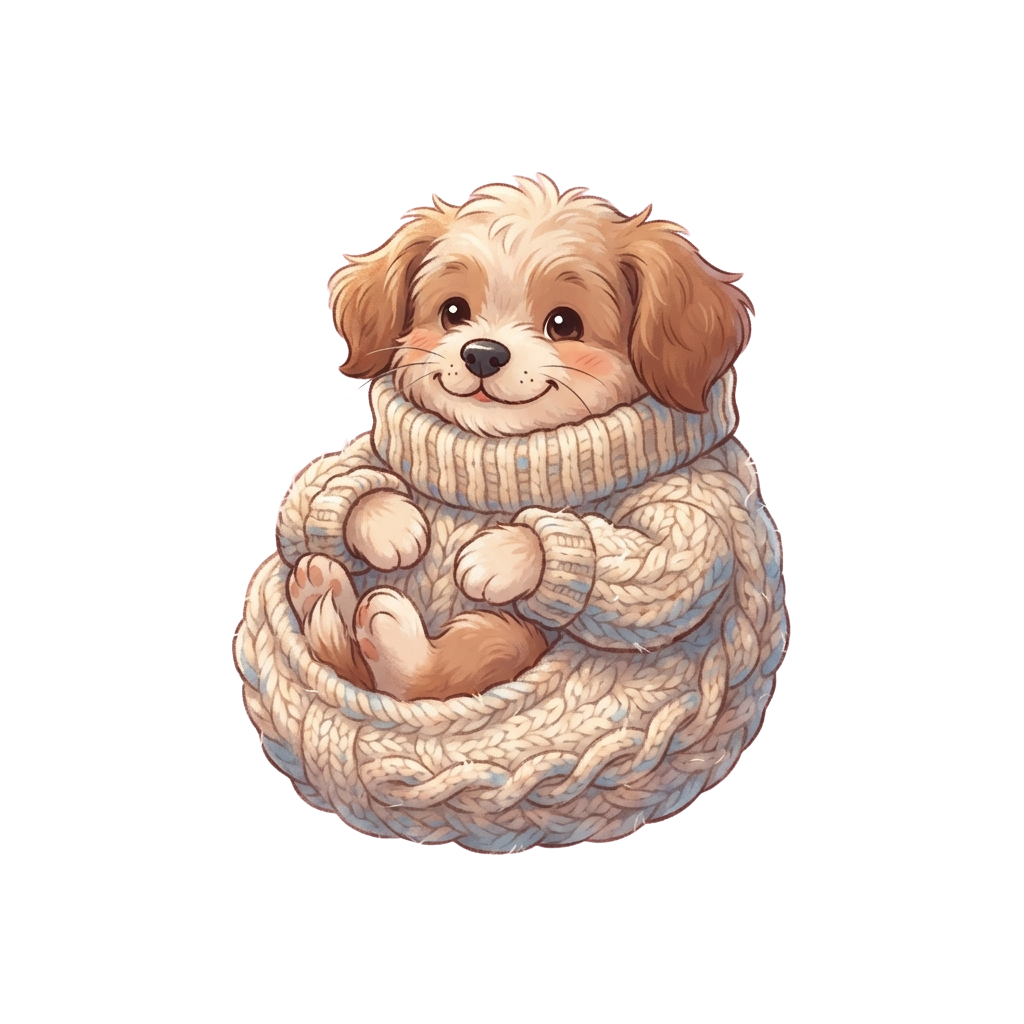 A fluffy puppy wearing a large knitted sweater, sitting comfortably with paws raised.