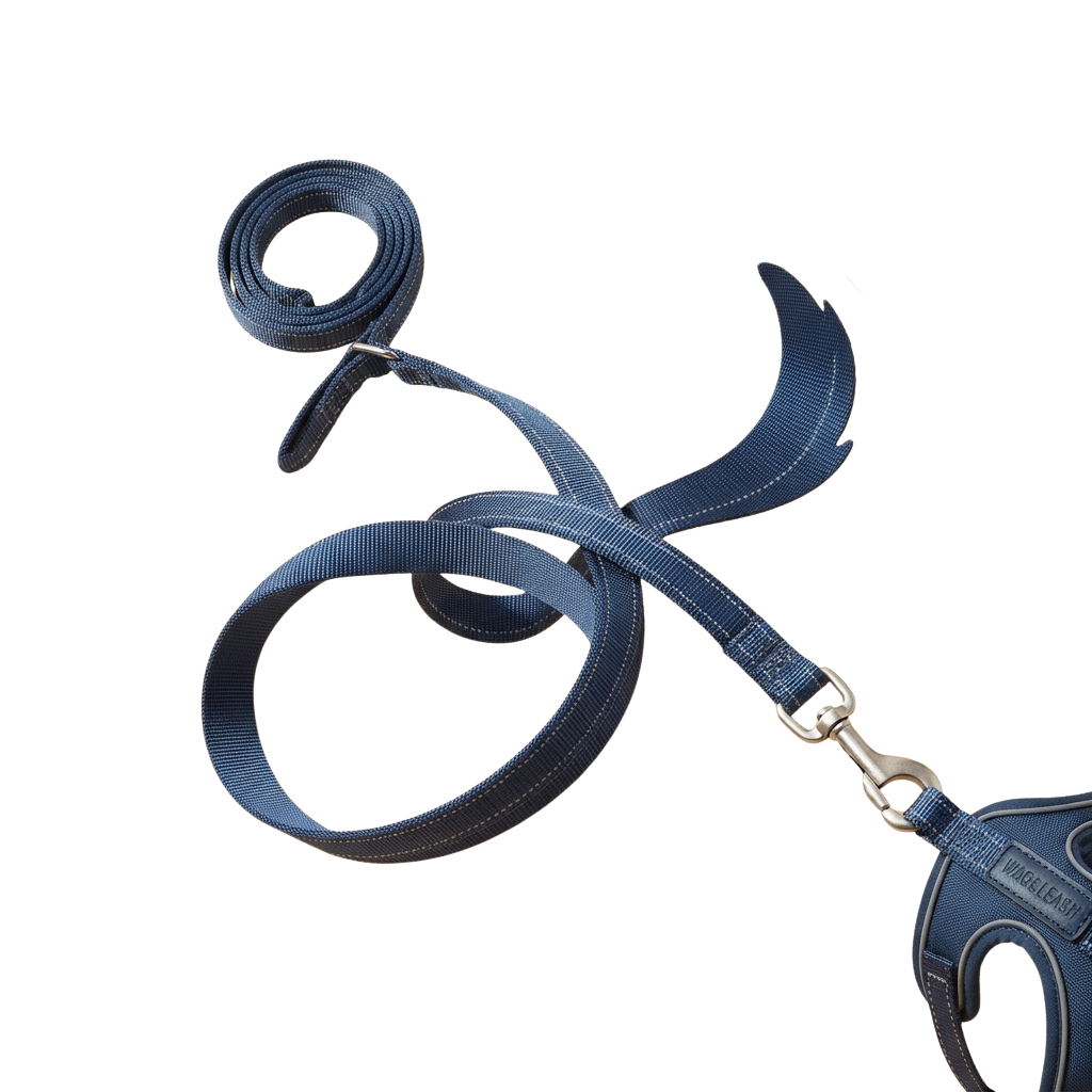 A coiled dark blue nylon dog leash with a retractable mechanism and metal carabiner.