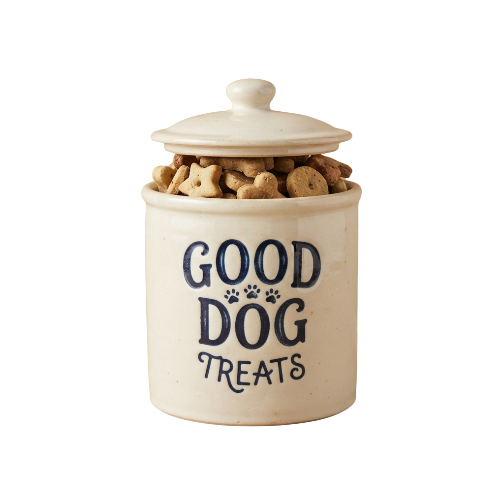 Ceramic jar labeled Good Dog Treats filled with bone-shaped dog biscuits and a lid on top